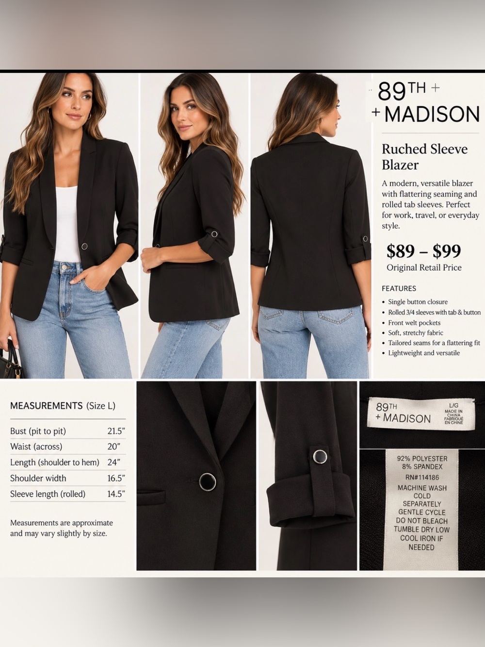 89th & Madison Women’s Black Ruched-Sleeve Blazer, Size L